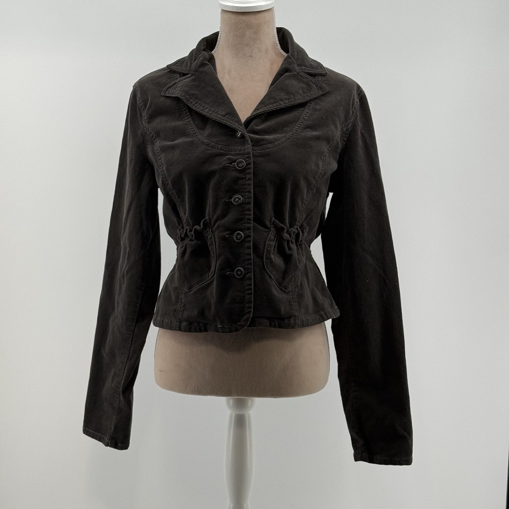 Noni Womens Black Cropped Fitted Peplum Jacket Blazer Button Up Crushed Corduroy